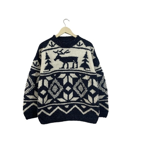 Purple Mountain Large Sweater Wool Cotton Hand Knit Ecuador Unisex Holiday - Picture 1 of 11